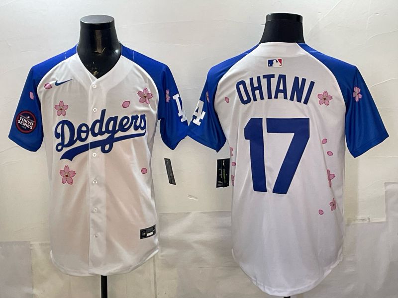 Men Nike 2026 Los Angeles Dodgers #17 Ohtani White Blue Sakura Edition Game MLB Jersey 12086
